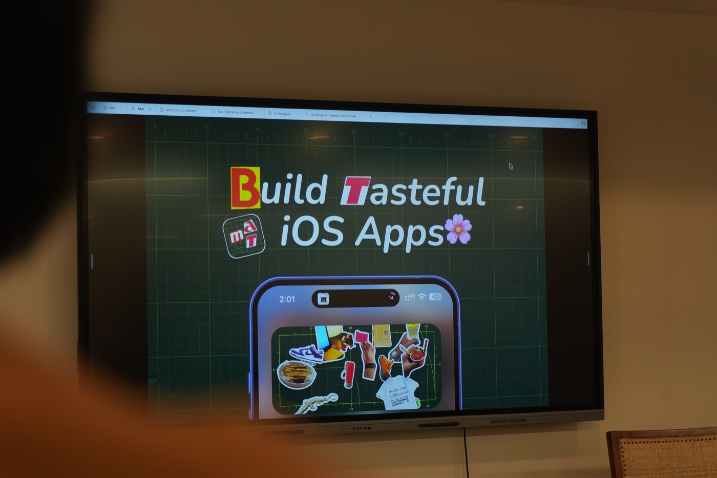 Rahul presenting Mat: a screen reading Build Tasteful iOS Apps with the Mat app icon